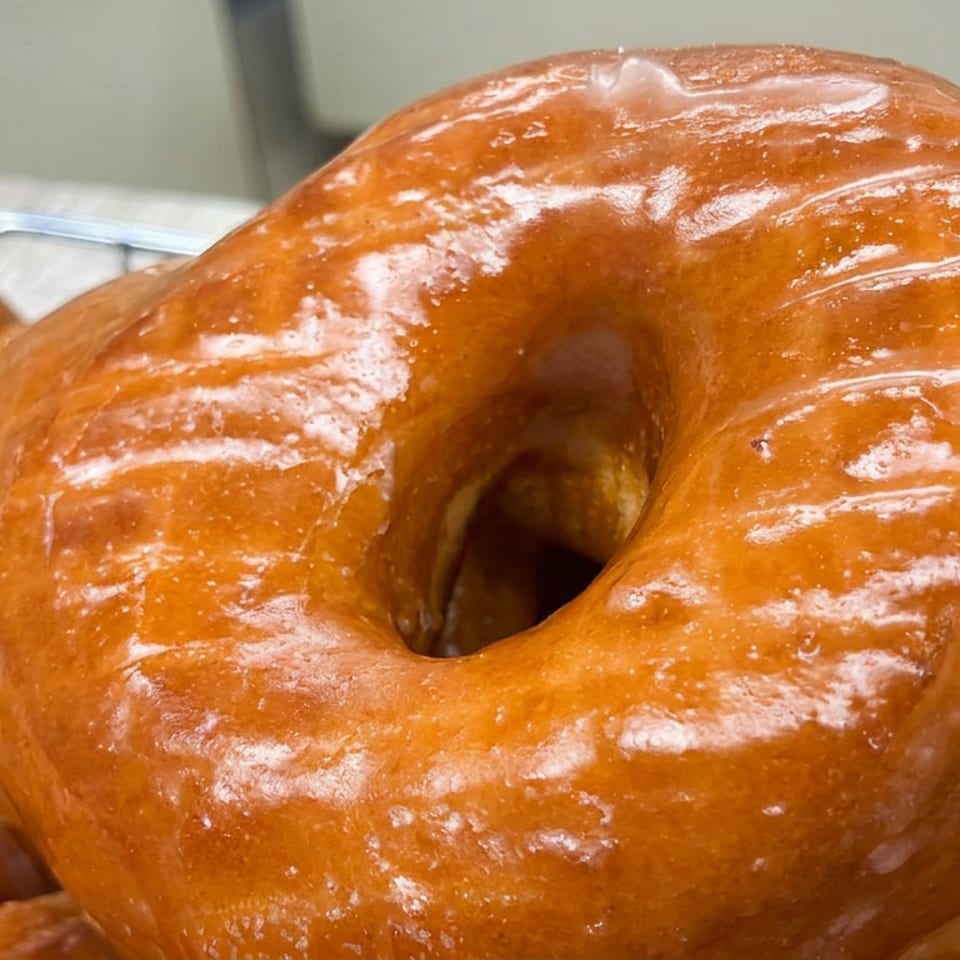 Close-up of a glossy glazed doughnut resting on a cooling rack among other doughnuts.