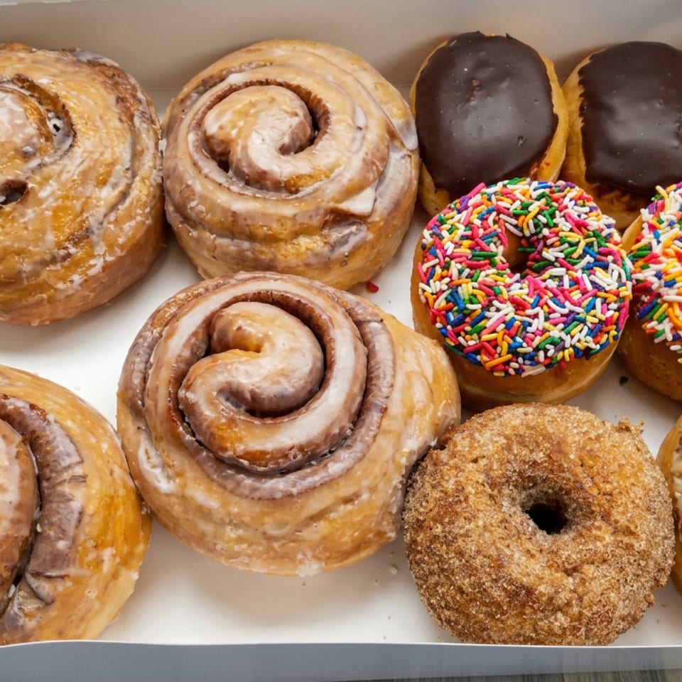 Box of assorted pastries featuring glazed cinnamon rolls, chocolate-topped doughnuts, colorful sprinkle doughnuts, and crumb-coated doughnuts.