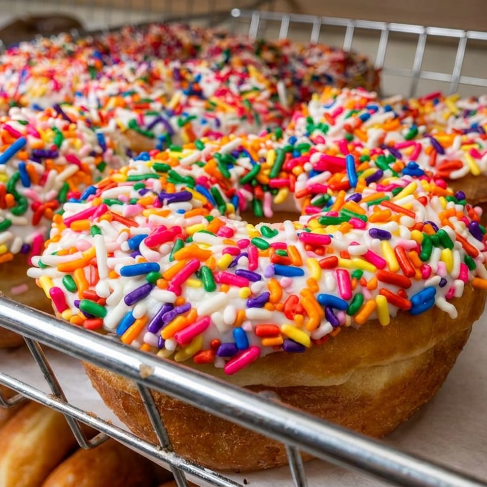 Fresh doughnuts topped with white icing and colorful sprinkles displayed on a bakery rack alongside chocolate crumb doughnuts.