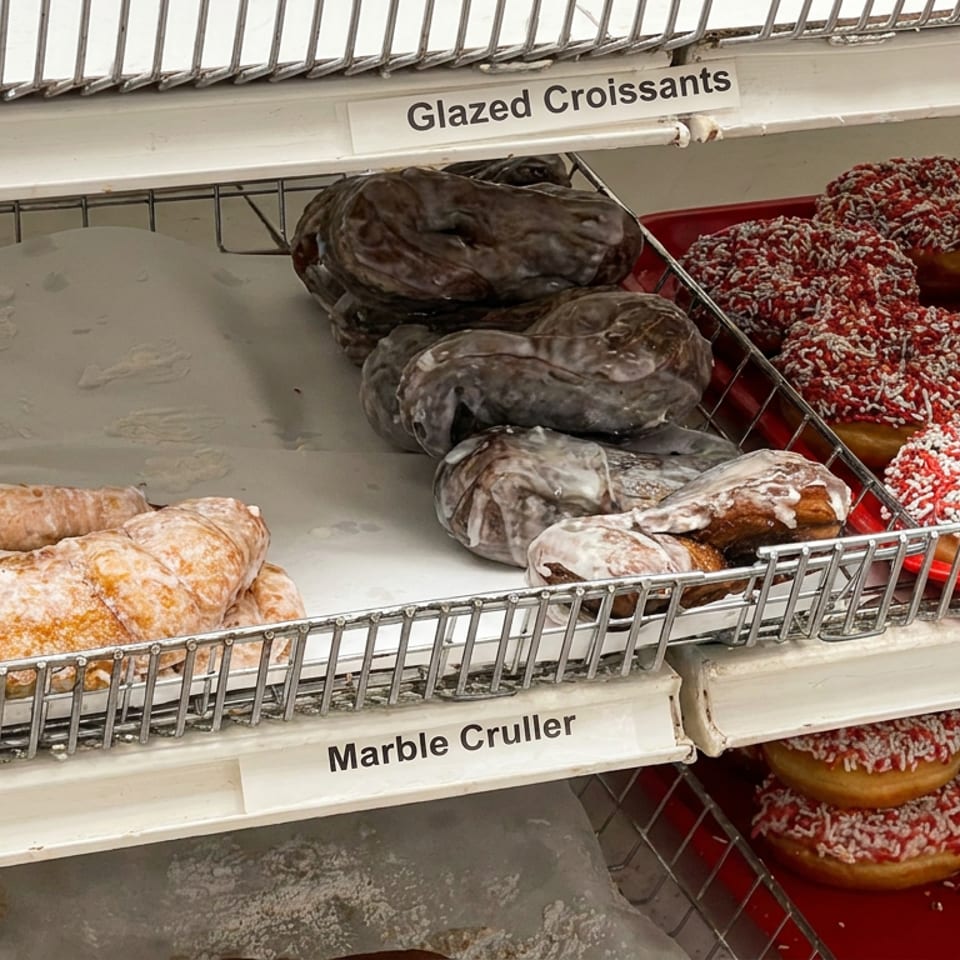Bakery display case filled with glazed croissants, marble crullers, chocolate pastries, and red sprinkle-covered donuts.