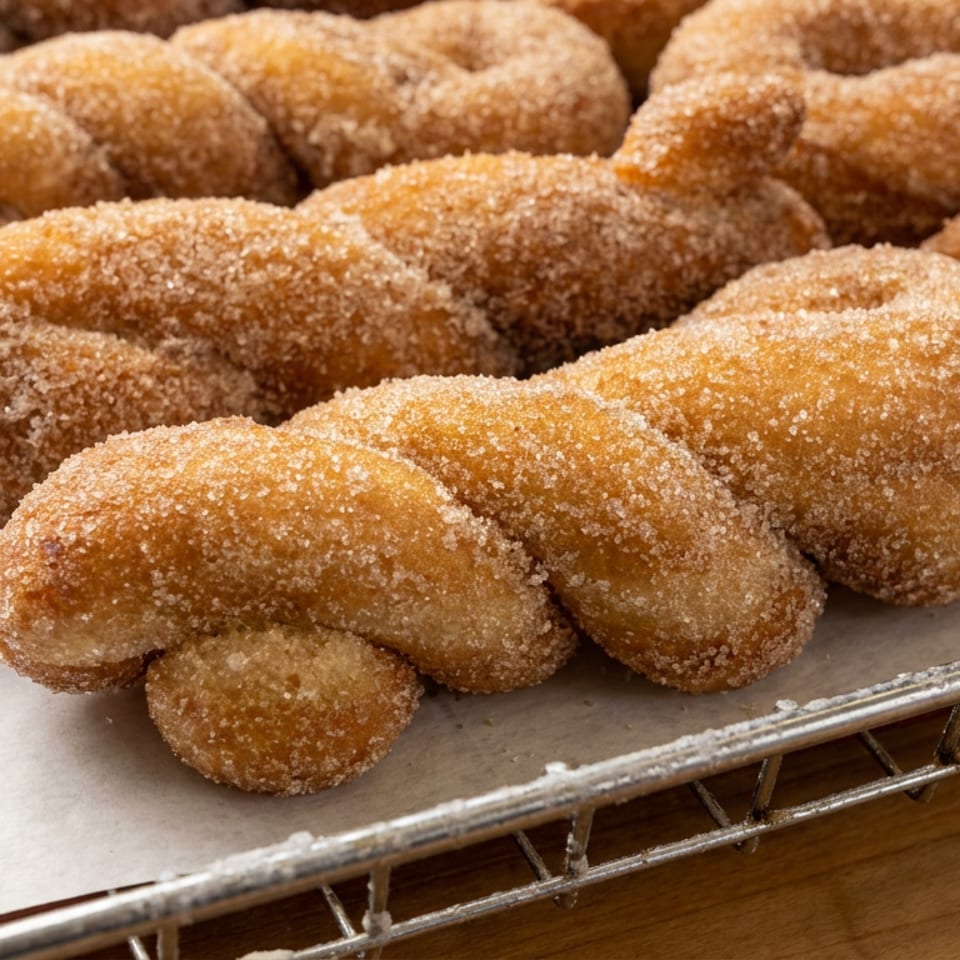 Close-up of golden, sugar-coated twisted pastries arranged on a parchment-lined cooling rack.