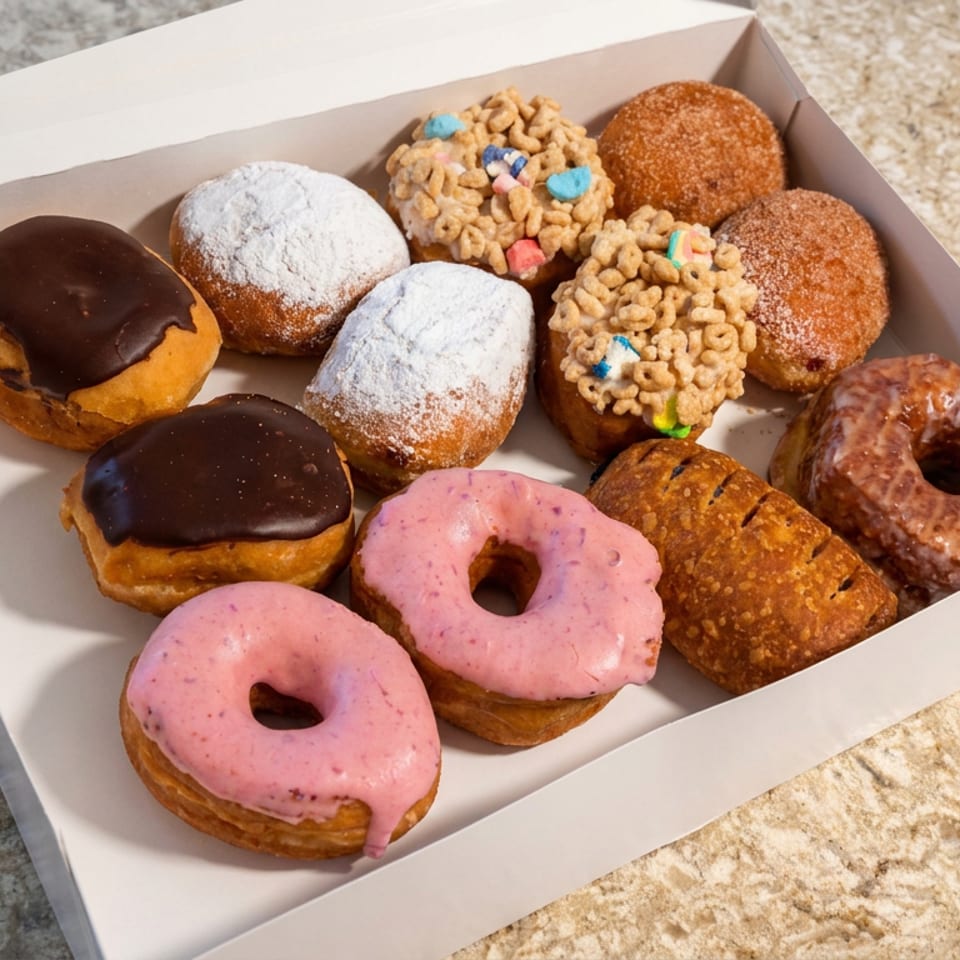 Open box of assorted donuts, including chocolate-glazed, powdered, pink-frosted, cinnamon-sugar, cereal-topped, and ring-shaped varieties.
